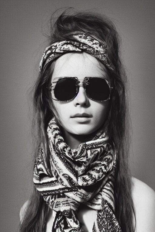 close - up portrait of a beautiful woman wearing sunglasses and a scarf with intricate psychodelic patterns, epic character composition, by katsura masakazu, alessio albi, ilya kuvshinov, nina masic, soft focus, vertical portrait, natural lighting, f 2, 5 0 mm, classic chrome, film grain, cinematic lighting 