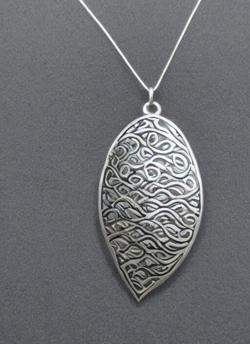 Amulet Of Wave inlaid in silver on a young beautiful woman neck, realistic, clean,