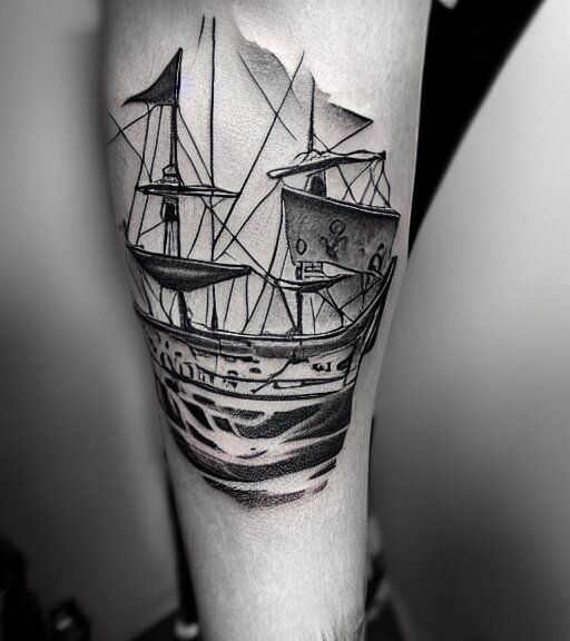 A realistic tattoo design sketch of a pirate ship, white background, black and white, highly detailed tattoo, realistic tattoo, realism tattoo, beautiful shades