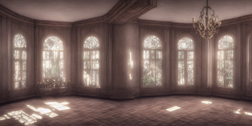 kingdom hearts twilight town mansion interior, nostalgic abandoned, sunlight streaming through the windows 