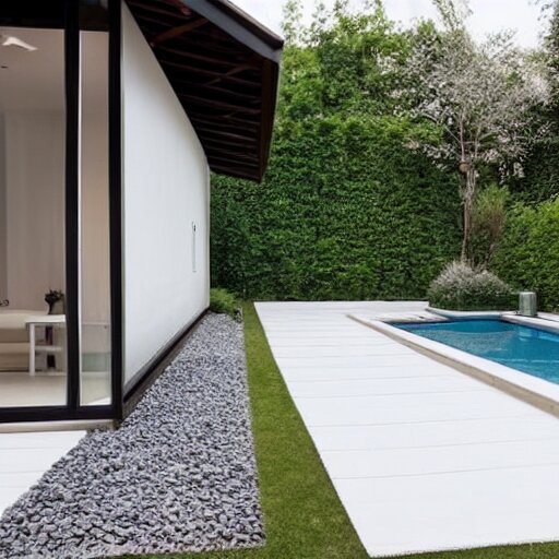 luxury elongated small backyard, all white, modern hut at the back, ceramic floor, small pool 