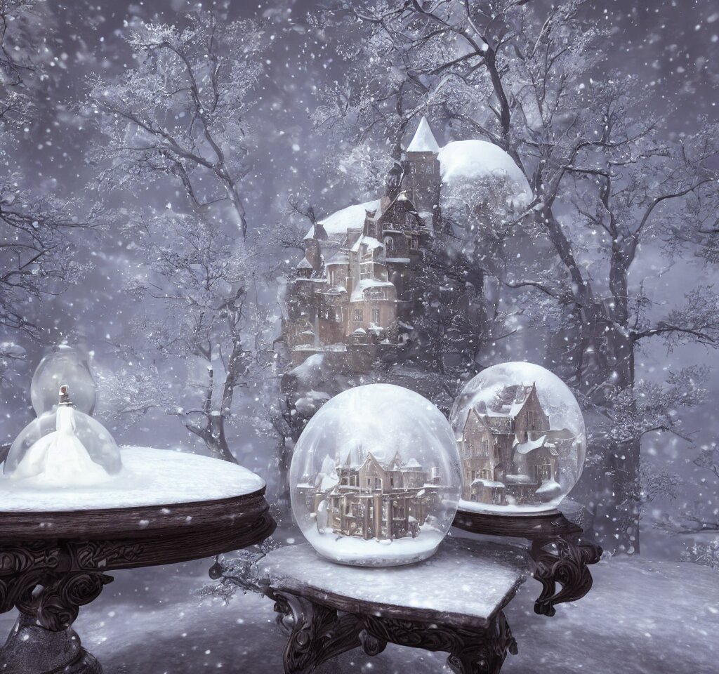 a snow globe on a table with a goth castle inside, cgsociety, snow, dreamy, volumetric light, 3 d render, artstation, hyperdetailed, dramatic, epic painting, 8 k, sharpness 