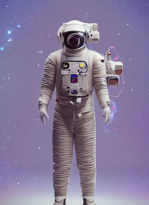 a man in a space suit with a flower in his hand, a computer rendering by Mike Winkelmann, trending on cgsociety, retrofuturism, uhd image, rendered in cinema4d, hard surface modeling,