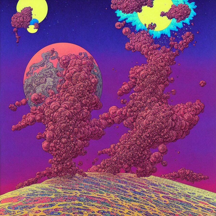 ( ( ( ( beautiful flowers and gas cloud in a strange planet ) ) ) ) by mœbius!!!!!!!!!!!!!!!!!!!!!!!!!!!, overdetailed art, colorful, artistic record jacket design 