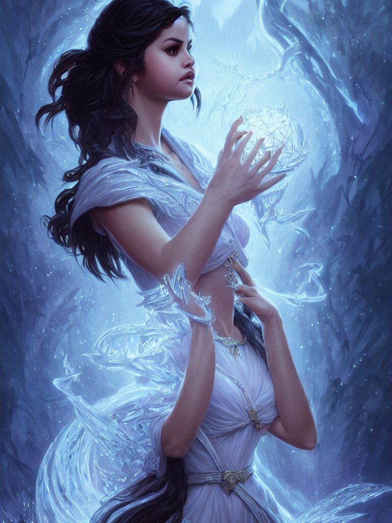 Selena Gomez casting an frost spell, D&D, fantasy, intricate, elegant, highly detailed, digital painting, artstation, concept art, matte, sharp focus, illustration, hearthstone, art by Artgerm and Greg Rutkowski and Alphonse Mucha