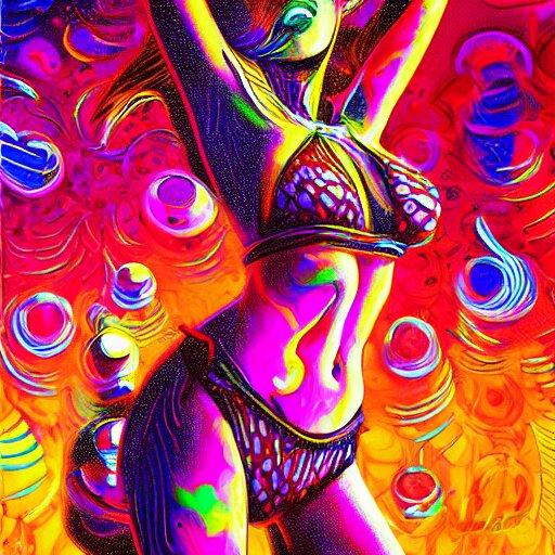 girl in bikini dancing, expressive digital art, psychedelic, lsd, by yoshitaka amano, by dan mumford, trending on artstation, 4 k 