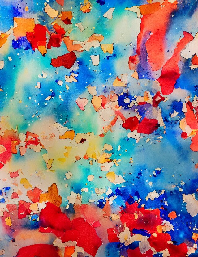 abstract composition with watercolor and indian ink dripped on broken pieces of colored shiny glass tiny realistic rooftops and a blue sea, Acrylic Paint, Oil Paint, Dripping Paint, Splatter Paint, Exterior, Stellation, Seaglass, Ruby, Lapis Lazuli, Agate, Firework, De-Noise