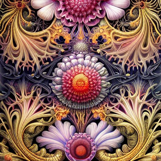 an ultra hd detailed painting of many different types of flowers by Android Jones, Earnst Haeckel, James Jean. behance contest winner, generative art, Baroque, intricate patterns, fractalism, rococo