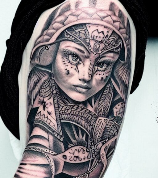 tattoo design on white background of a beautiful girl warrior, hyper realistic, amazing detail, inspired by eliot kohek 