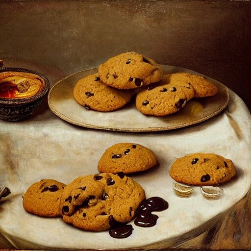 opulent banquet of plates of freshly baked chocolate chip cookies, delicious, glistening, chocolate sauce, marshmallows, highly detailed, food photography, art by rembrandt 