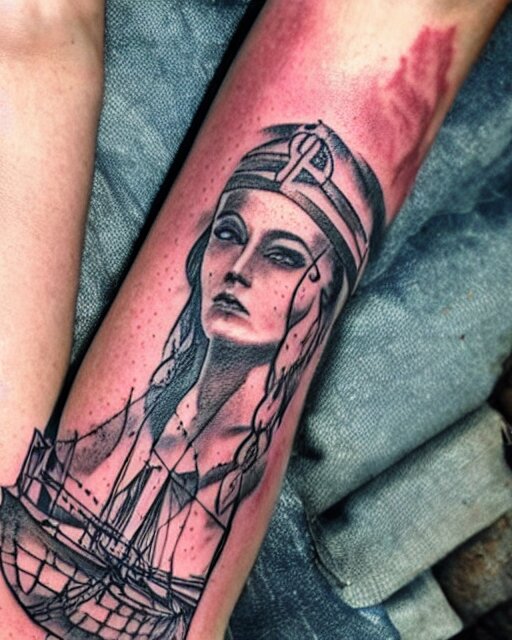 A beautiful woman warrior, faded background of a pirate ship at a deserted island, realism tattoo drawing, hyper realistic, shaded