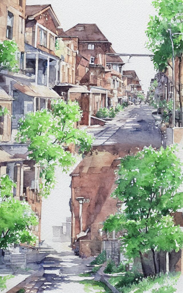 street lined with old residential houses summer watercolor by arti chauhan trending on artstation 