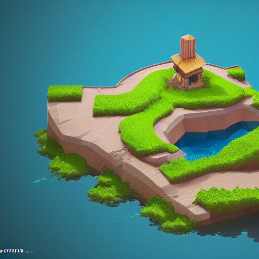 a floating island on an aquatic environment isometric art, lago di sorapis landscape, low poly art, game art, artstation, 3D render, high detail, cgsociety, octane render