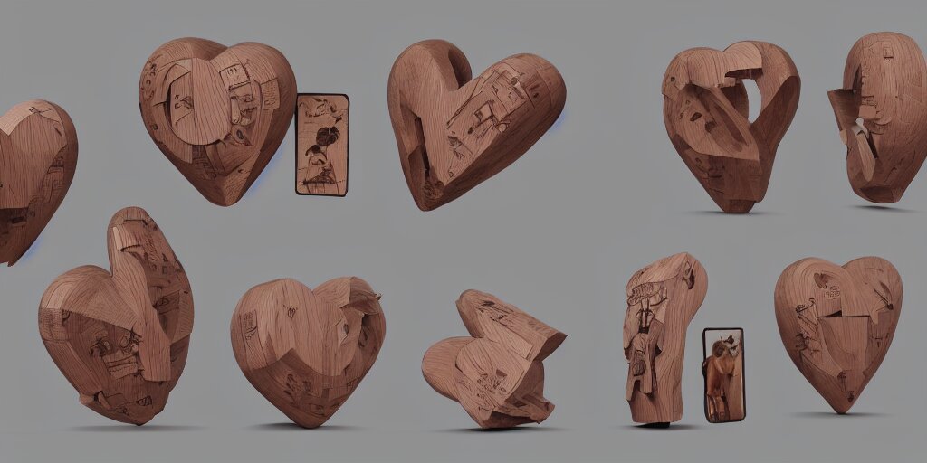 wooden heart design, character sheet, 3d render, Greg Rutkowski, Zabrocki, Karlkka, Jayison Devadas, Phuoc Quan, trending on Artstation, 8K, ultra wide angle, zenith view, pincushion lens effect