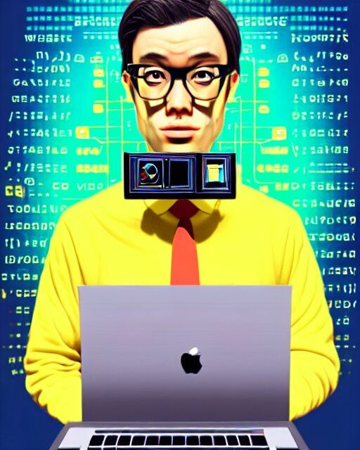 richly detailed color illustration of a nerd-using-a-computer-to-crack-the-code surrounded by technology illustrated by Artgerm and Mina Petrovic and Timothy Kong and Marina Federovna. 3D shadowing