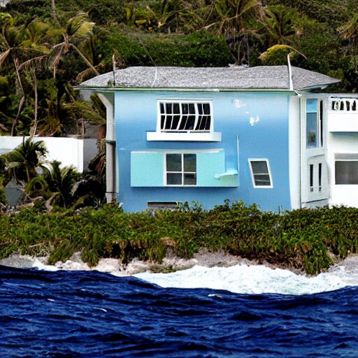 a house half submerged in the ocean. 