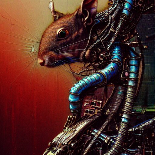 a highly detailed long shot photo of cyberpunk mechanical squirrel character by ayami kojima, beksinski, giger, intricate, digital painting, artstation, intricate, concept art, smooth, sharp focus, illustration 