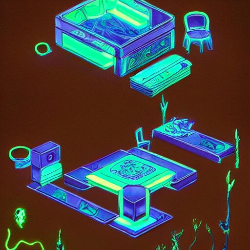 isometric furniture based on an alien aesthetic from planet pandora of Avatar from James Cameron, items have organic design and glow in the dark