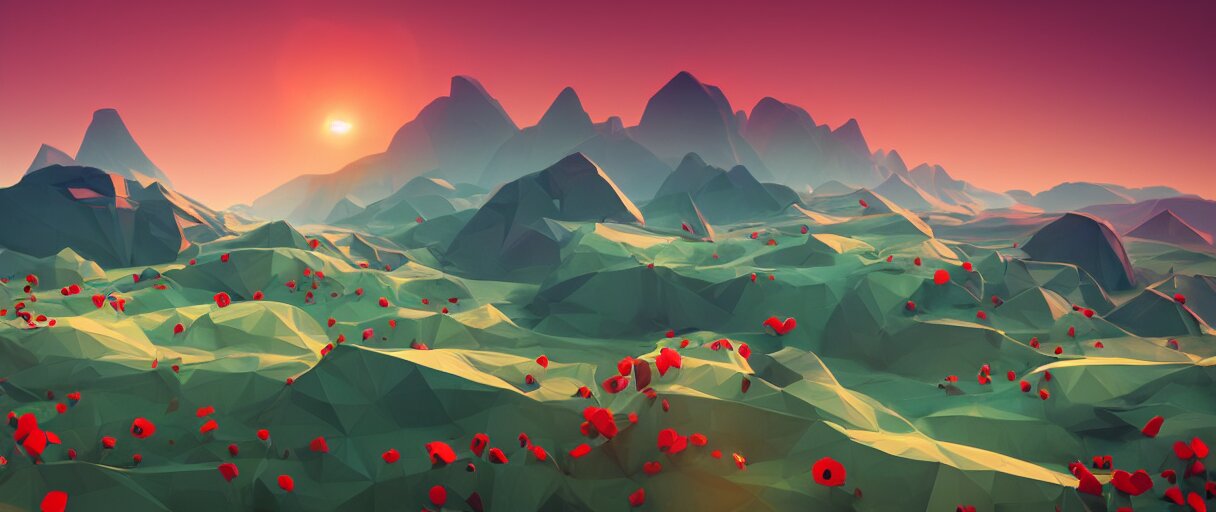 3 d render, mountain landscape, digital art, low poly art, minimalist, poppy, journey game, lowpoly landscape, particles floating, unreal engine, dreamy, brush strokes, bounce light, sunny, complementary palette, redsinski 