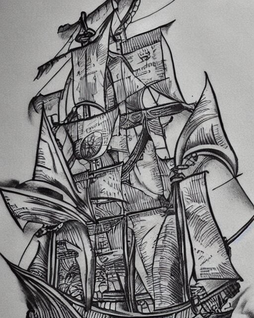 A tattoo design on paper of a pirate ship, on paper, black and white, highly detailed tattoo, realistic tattoo, by nik lucas
