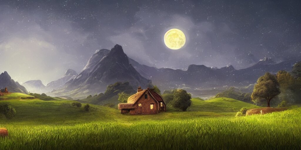 Grassy fields with large mountains in the distance, small cottage in the foreground, nighttime, moon in the night sky, landscape wallpaper, d&d art, fantasy, painted, 4k, high detail, sharp focus