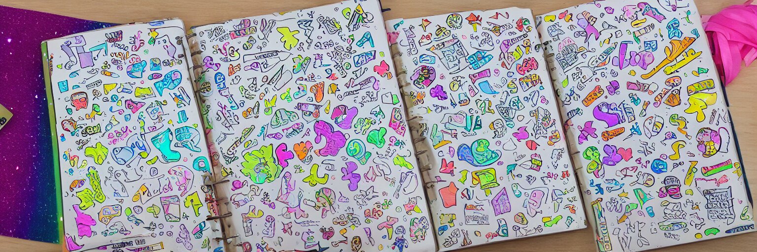 a school notebook covered in doodles, stickers, glitter, and holographic stickers