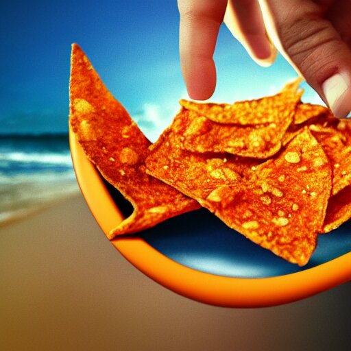 doritos chips with face and hands running at beach, high quality render, trending on art station 