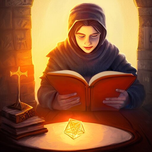 A young wizard reading a spell book at a desk, as he reads the words runes float in the air. Magic, orange lighting, flux. High fantasy, digital painting, HD, 4k, detailed.