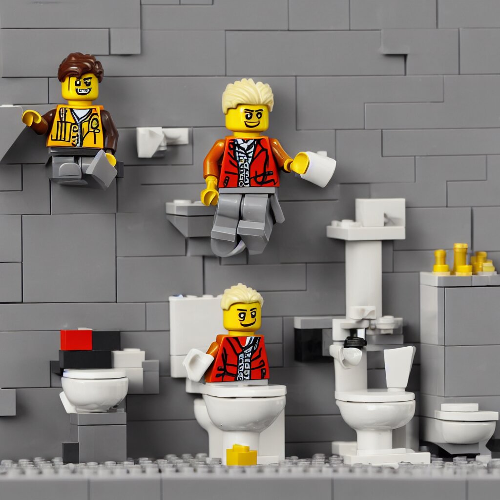 a lego figure of a man, sitting on a toilet with his pants down. there is a stream of lego bricks coming out of his behind 