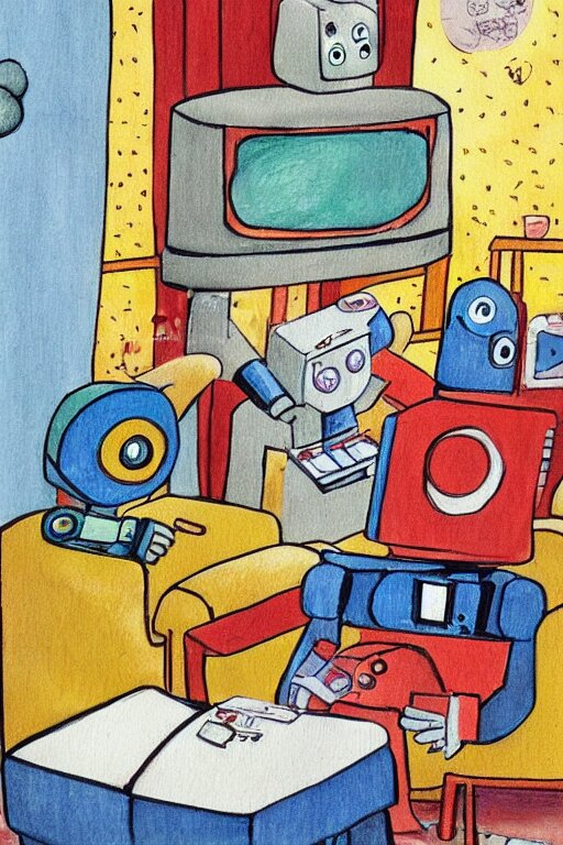 children's book illustration of robots watching tv by margret rey 