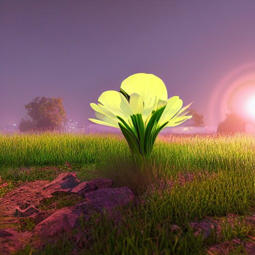 Luminescent flower blooming at twilight, realism, photorealism, f 3.5, photography, highly detailed, vray, volumetric lighting, unreal engine