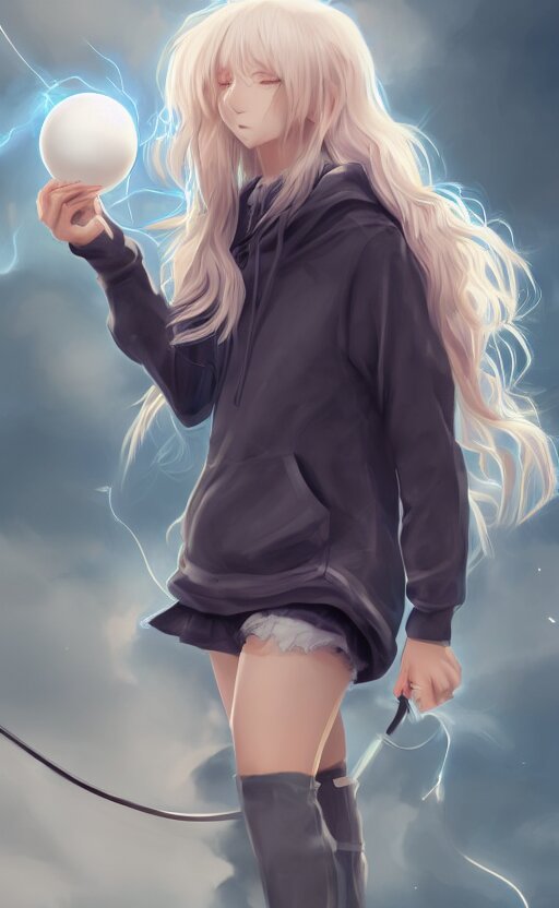 anime girl with wavy white hair in a hoodie holding an electric ball, WLOP, concept art, digital painting, trending on artstation, highly detailed, epic composition, 8k UHD