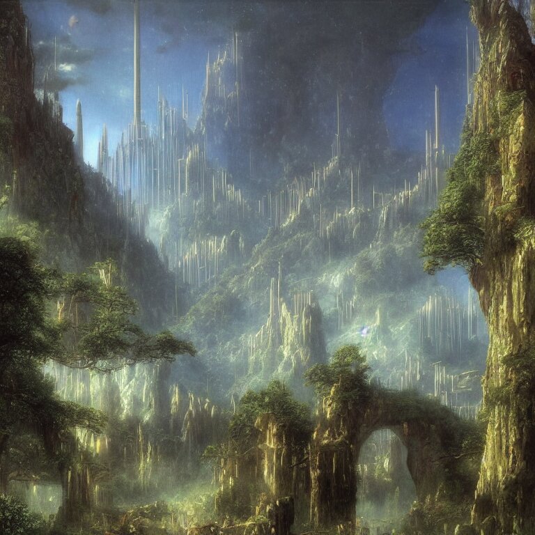 a sprawling science fiction city inspired by rivendell, painted by bierstadt and chirico hidden in a forest 