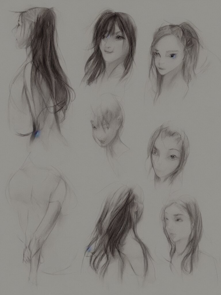 sketches of girl by concept artists, blunt borders, rule of thirds, whimsical, light and shadow, backlighting! 