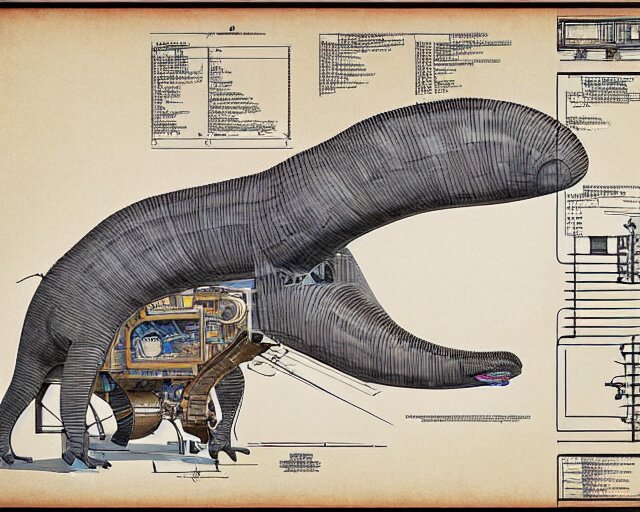 a full page of a mechanical blueprint showing a cutaway design for a mechanized brontosaurus from howl's moving castle ( 2 0 0 4 ), with people inside piloting it, muted colors, post grunge, studio ghibli, hq, 