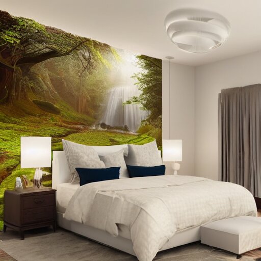 a cozy bedroom interior with wall murals painted by a genius, detailed, high resolution, wow!, intricate, volumetric lighting, raytracing 