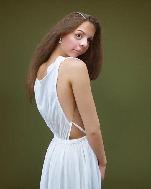 watercolor picture of a beautiful young woman in white dress, from the back, looking at the camera, high key, 8k