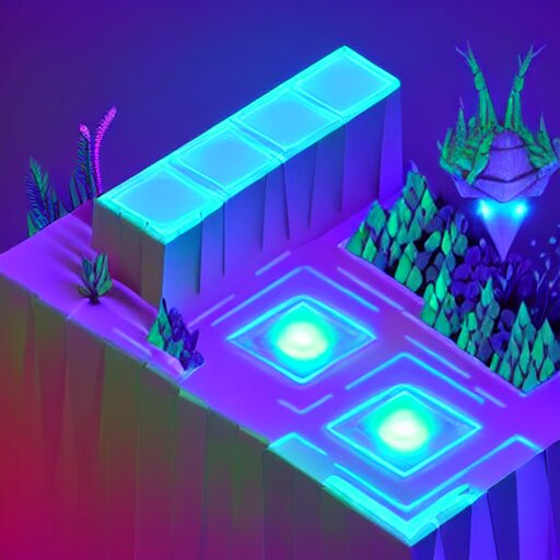 mobile game asset, isometric staircase, crystals, organic low poly vector design, bioluminescent alien - like plants of pandora, aesthetic of avatar's alien nature. we can see alien plants glowing in the dark arround the isometric itens in dark place cyan, orange smooth glow night photoshop filter low poly behance hd 