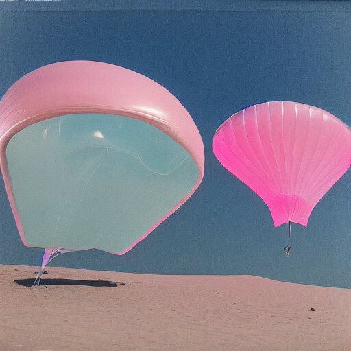 a pastel colour high fidelity Polaroid art photo from a holiday album at a pink desert with abstract inflatable parachute furniture, all objects made of transparent iridescent Perspex and metallic silver, no people, iridescence, nostalgic