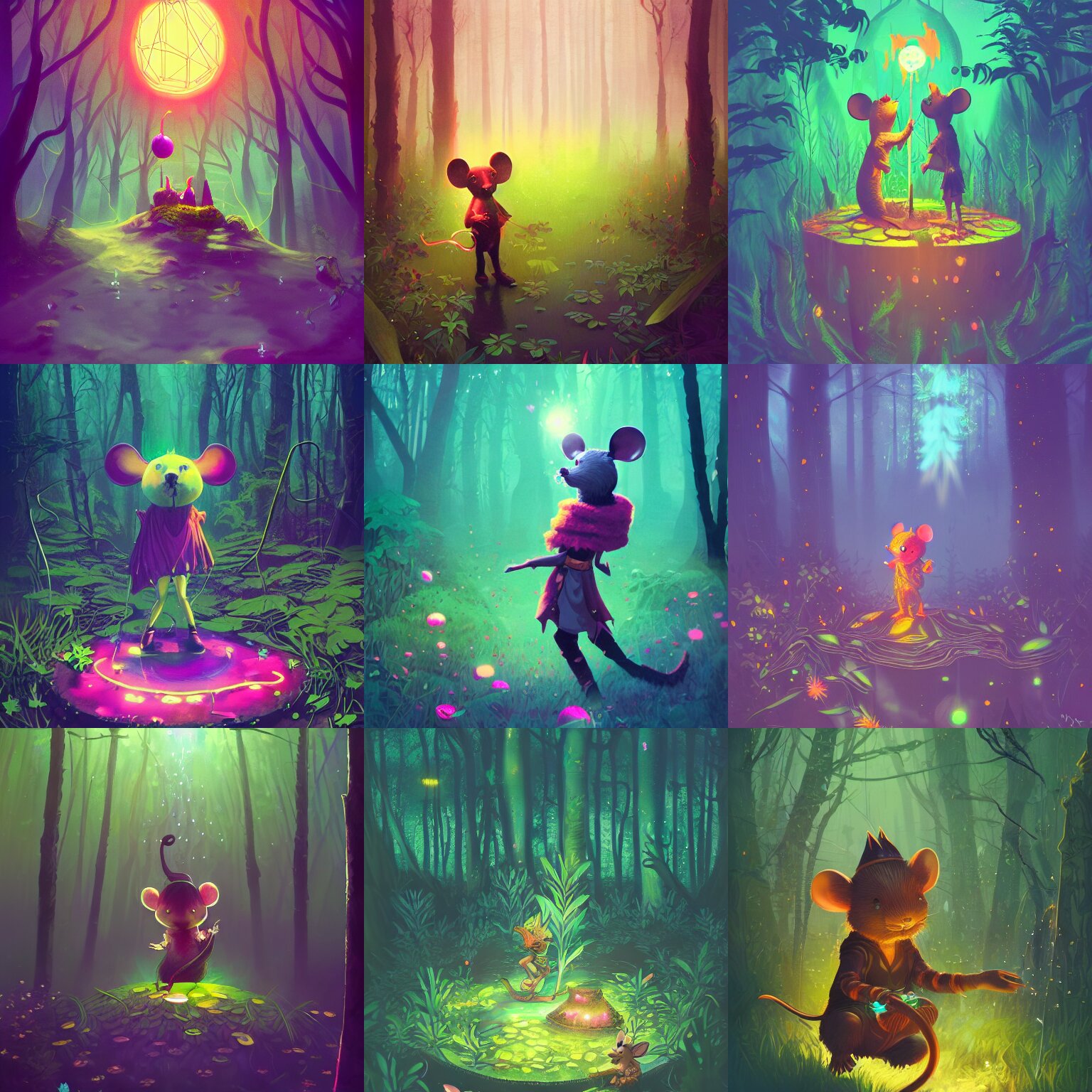 fantasy warrior mage mouse, forest, levitating, magic, plants, water, shiny, neon, psychedelic, gloomy, bloom, magical light, high detail, trending on artstation, vivid, illustration by ilya kuvshinov, loish, james jean, beautiful, symmetrical, dramatic light 