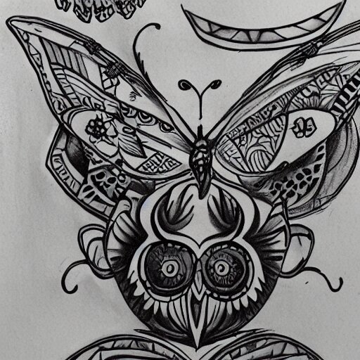 a tattoo sketch of an owl and a butterfly 