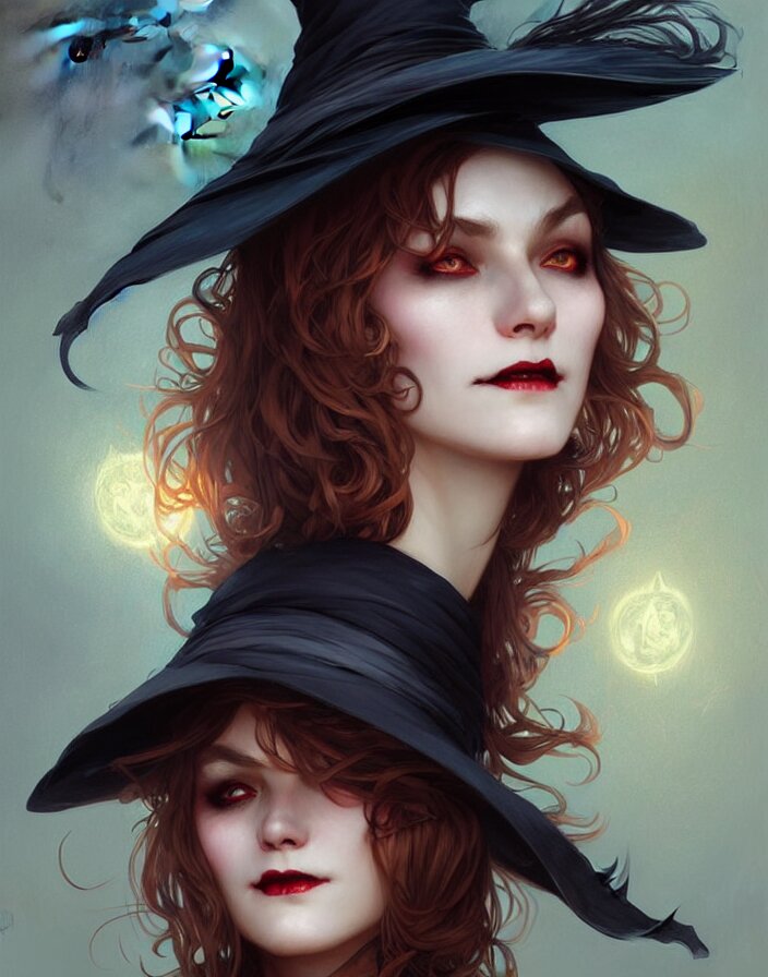 halloween witch woman in a hat smiles, fantasy magic, undercut hairstyle, dark light night, intricate, elegant, sharp focus, illustration, highly detailed, digital painting, concept art, matte, art by wlop and artgerm and greg rutkowski and alphonse mucha, masterpiece 