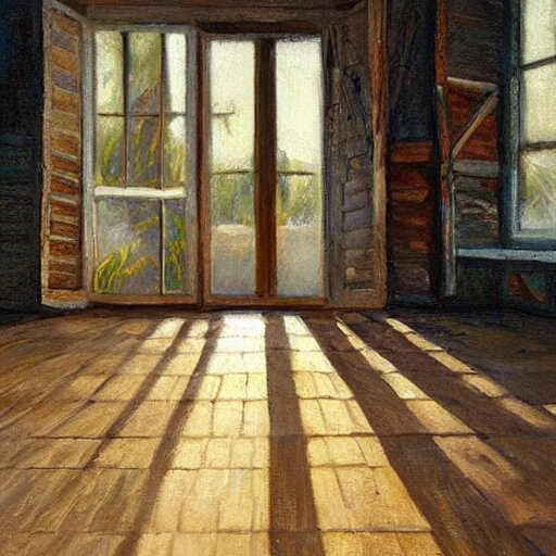 oil painting of mostly empty cottage interior, one small window with sunlight shining onto the floor. artistic. cozy. wooden floor. rustic. solace. 