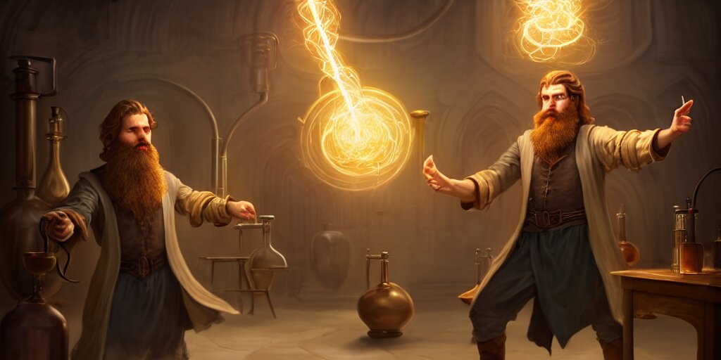 a handsome bearded caucasian male sorcerer with brown hair he is casting a spell with flowing energy, he is in a alchemist lab filled with beakers and equipment, neutral pose, epic composition, 4 k, light rays, super coherent, by dave melvin 1. 0 | dan luvisi 2. 0 | greg rutkowski 0. 5 