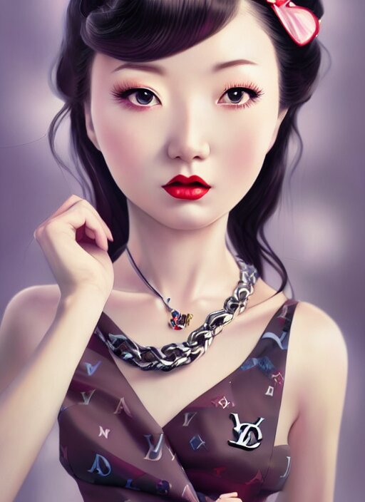 a pin up and beautiful fashion dreamlke japan girl with lv jewelry, character art, art by artgerm, wlop, loish, hyperdetailed, 8 k realistic, symmetrical, global illumination, radiant light, frostbite 3 engine, cryengine, dof, trending on artstation, digital art, chanel, dior, detailed background 