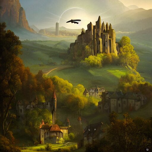 Vast verdant valley surrounded by Transylvanian mountains, with a large zeppelin hovering in the foreground, and a ruined medieval castle on the hillside in the background. No villages. Late evening light in the summer, gloomy weather. Hyperrealistic, high quality, sharp, highly detailed, peter mohrbacher,.