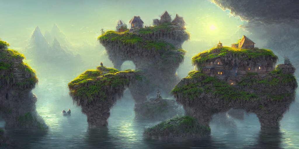 peaceful village built on floating rocks in the sky, rope bridges, birds in background, high fantasy, detailed, digital painting, realistic, landscape by jonathan berube 