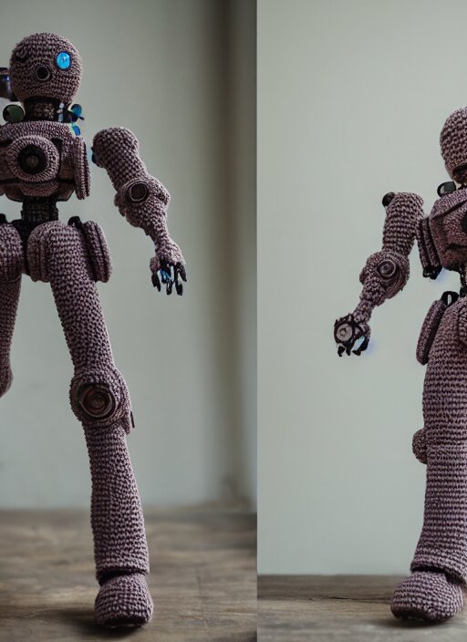 a crochet mecha, realistic, intricate, many details, no cropping, full body, Sigma 50 mm f/1.4