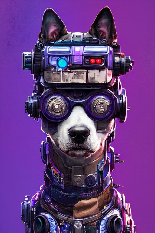 a beautiful portrait of a cute cyberpunk dog by sandra chevrier and greg rutkowski and wlop, purple blue color scheme, high key lighting, volumetric light, digital art, highly detailed, fine detail, intricate, ornate, complex, octane render, unreal engine, photorealistic 