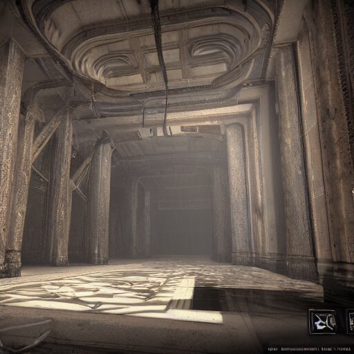 interior mazelike architecture from quake, lovecraftian, liminal space, moody lighting, unreal engine 5, hyper detailed, hyper realistic 